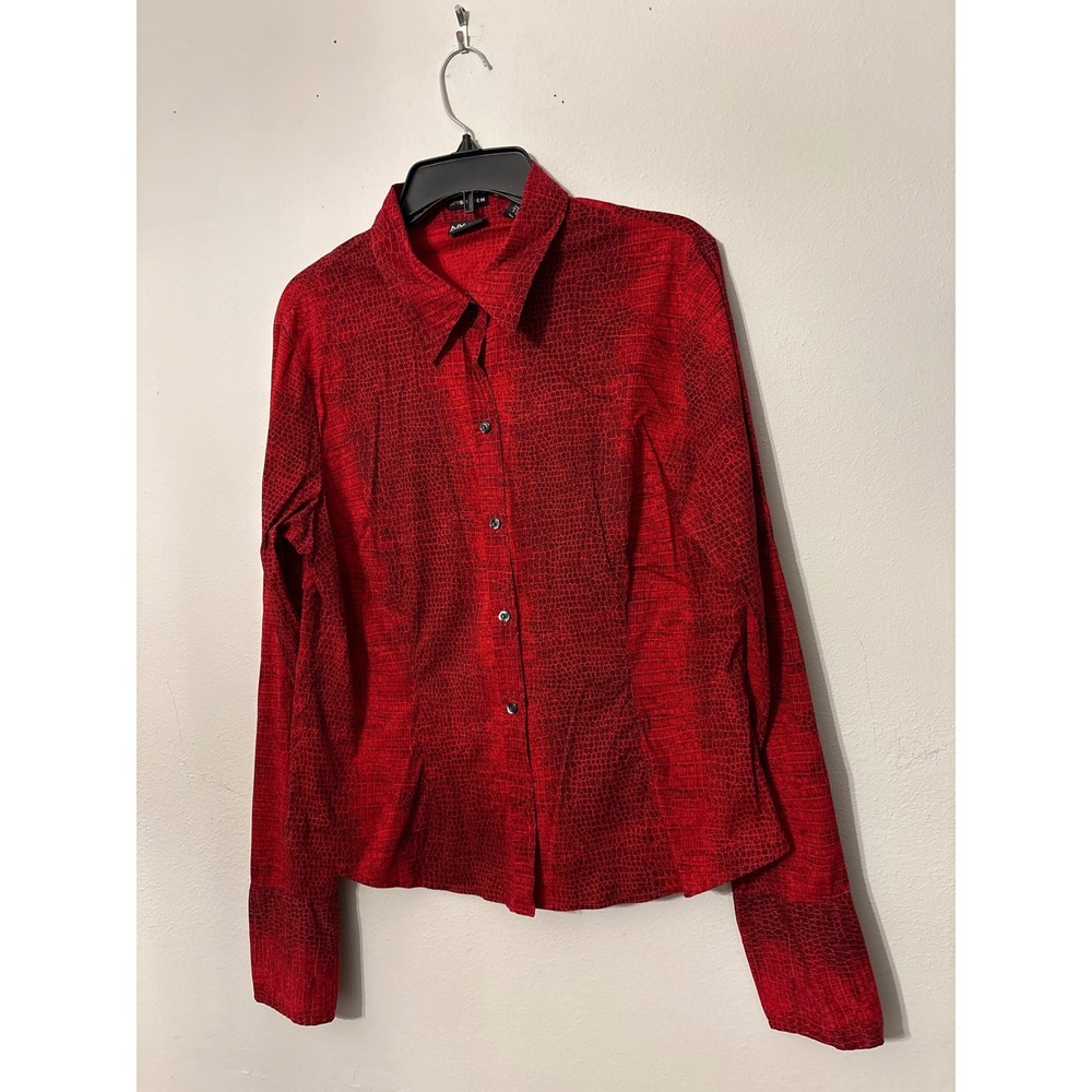 NY&CO Button Down Shirt Womens XL Red Excellent Snakeskin Print Stretch